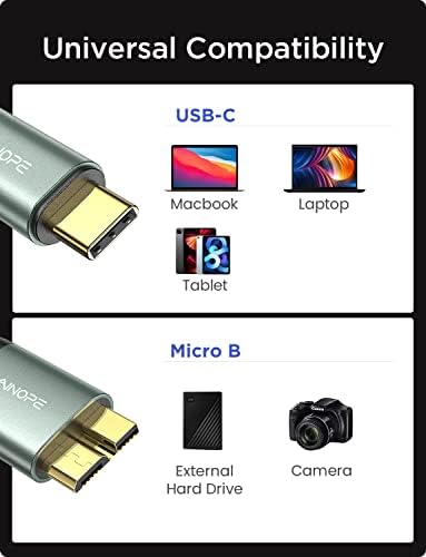 Ainope 10Gbps מיקרו B ל- USB C כבל כונן קשיח 1.6ft/0.5 מ ', [ניילון קלוע] USB C לחוט מיקרו B, USB C לכבל הכונן הקשיח החיצוני עבור Seagate